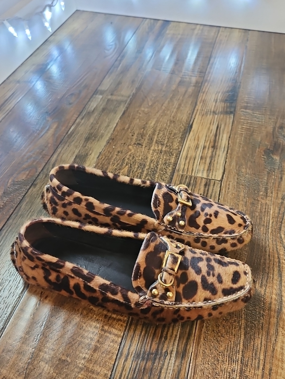 Prada Luxury Leopard Print Genuine Calf Hair Slip-on Loafers w/ Gold-tone Buckle